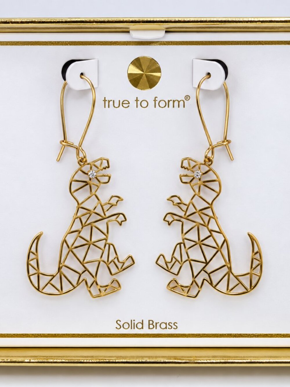 True to Form Solid Brass T-Rex Dinosaur Earrings NWT Geometric Gold Tone